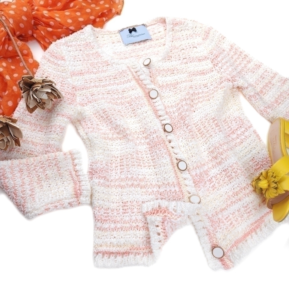 New Blumarine Pink White Yellow Tweed Weave Cardigan Jacket Sz 6 - Picture 3 of 16